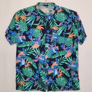 Disney Stitch Hawaiian Shirt Mens XL Rayon Tropical Aloha Floral Button Resort